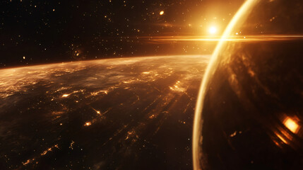 Poster - Stunning sight of city lights on earth at sunrise with a foreground of another planet, captured from space