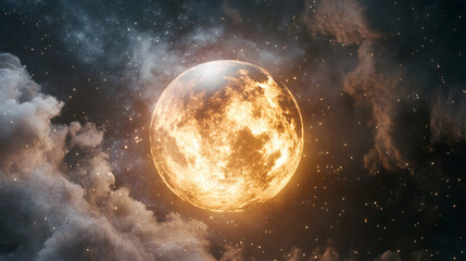 Poster - Glowing full moon illuminating dark clouds and starry night sky, creating a magical and mystical atmosphere