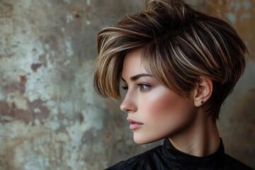 A profile portrait of a young woman with stylish hair against a textured background, capturing beauty and elegance.