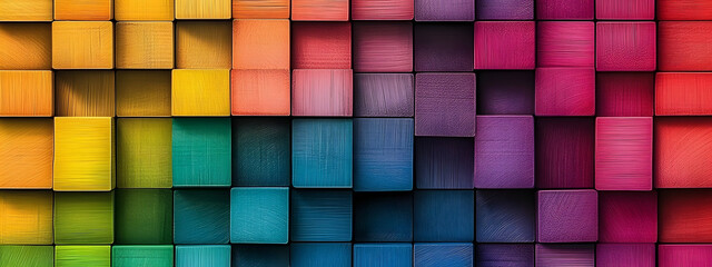 Wall Mural - abstract geometric rainbow colors colored 3d wooden square cubes texture wall background banner illu