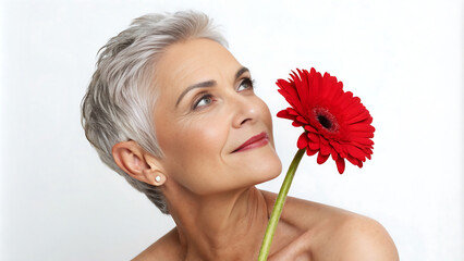 elegant mature woman with short silver hair holding a vibrant red gerbera flower, looking serene aga