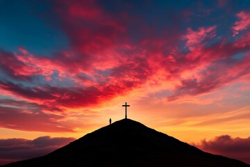 Wall Mural - Cross on Hilltop at Sunset with Human Silhouette