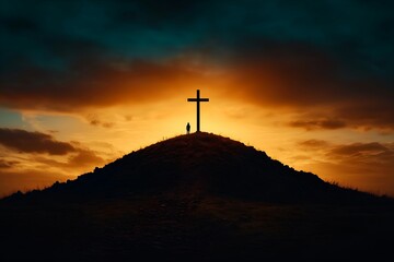 Wall Mural - Sunset Silhouette of Person and Cross on Hill