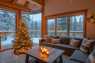 Poster - Christmas Tree Lit In Cozy Cabin With Snowy View