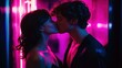 © Maryna - Young couple kissing passionately in dark room lit by neon lights. Eyes closed. Stylish, dramatic lighting creates romantic, intimate mood. Ideal for fashion, lifestyle magazines trendy social media