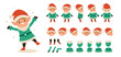 © Irina Strelnikova - Christmas elf holiday character constructor for animation. Front, side and back view set. Body parts, postures, poses collection. Vector illustration.