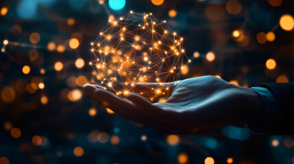 Aufkleber - Glowing polygonal sphere held in open hand, representing global connectivity, technology, and innovation in a business setting