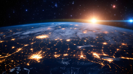 Aufkleber - Global business and international communication: earth's rotation in space revealing city lights at night and sunrise