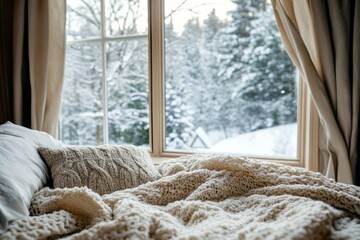 Poster - Cozy Knit Blanket Bed Winter Window Scene