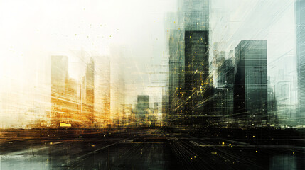 Poster - Streaks of light and data flow through a futuristic cityscape, creating a dynamic and technologically advanced urban scene