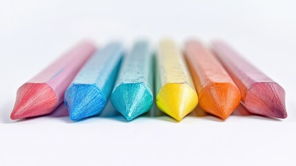 A close-up of pastel tips, showing wear and tear from frequent use in vivid hues.