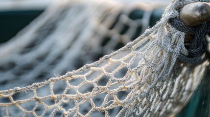 A close-up shot of the fishing net's mesh, capturing the details and texture, with the handle softly blurred behind.