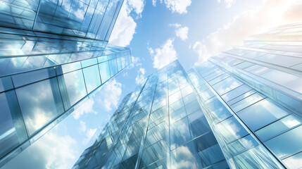 Fototapete - Low angle view of modern glass skyscrapers reflecting clouds and sun on a beautiful day