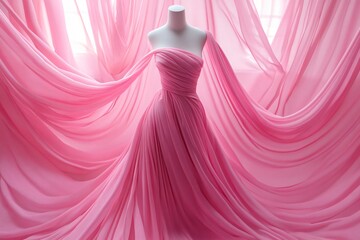 Elegant pink dress flowing on a mannequin, surrounded by draped fabric, creating a luxurious and stylish atmosphere