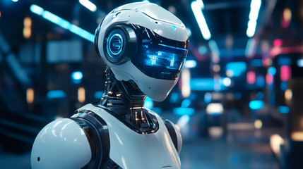 Aufkleber - Humanoid robot with glowing visor displaying data in modern laboratory setting, showcasing advanced robotics and artificial intelligence