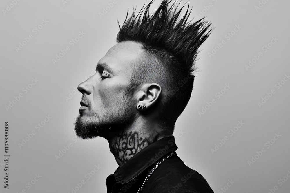 Black and white profile portrait of a punk rocker with mohawk hairstyle ...