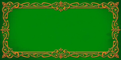 An intricate gold frame on a vivid emerald green background, with ample space for text, design, fancy