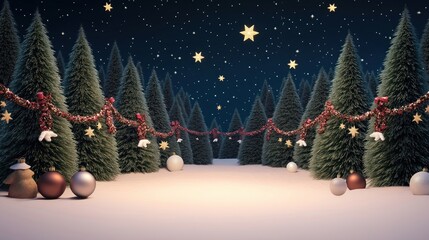 Wall Mural - Snowy Christmas night scene in a forest. Christmas trees decorated with garlands and stars. Decorations include ornaments. Twilight. Peaceful atmosphere.