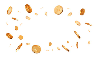 Wall Mural - 3d realistic flying golden coins of indian rupees with effect bokeh on white isolated background. ri