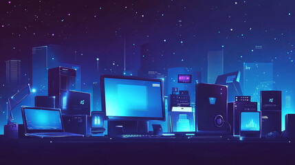 Wall Mural - laptop and monitor. computers themes in low-poly wireframe starry sky and cosmos style. technology a