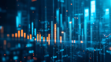 Poster - Bar charts in orange and blue depicting financial growth in a futuristic digital space with numbers and grids