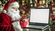 © Maria Mikhaylichenko - Santa Claus embraces modern technology, using a laptop amidst festive decorations. A wrapped gift beside him hints at merging tradition with digital age.