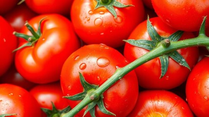 Wall Mural - Close up of fresh red tomatoes with water drops, focus on the bottom of the tomatoes, ripe, nutrition