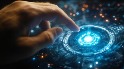 Leinwandbilder - Interacting with a futuristic holographic control panel, activating digital technology with a touch
