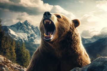 large brown bear standing rocky hillside its mouth a mountain or forest