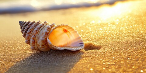 Poster - A beautiful seashell rests on the golden beach sand, capturing the essence of summer, as the warm sun creates a perfect scene featuring this stunning seashell on the shoreline.
