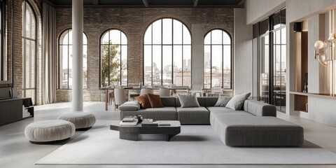 Aufkleber - Stunning two floor loft apartment featuring large windows and a spacious living room showcasing a stylish gray corner sofa, perfect for relaxation and entertaining in this unique loft space.