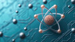 © Rutchaneewan - Futuristic Atomic Structure, a detailed depiction of an atom's nucleus surrounded by electrons, set against a high-tech nanotechnology backdrop.