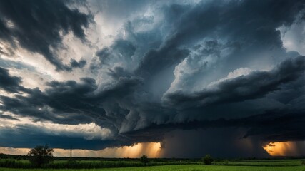 Wall Mural - Dramatic sky with storm clouds before rain. Panoramic view of the stormy sky and dark clouds. Concept on the theme of weather, natural disasters, typhoon.