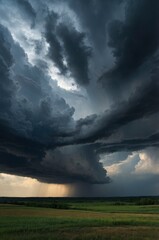 Wall Mural - Dramatic sky with storm clouds before rain. Panoramic view of the stormy sky and dark clouds. Concept on the theme of weather, natural disasters, typhoon.