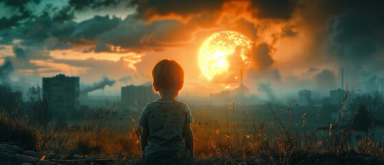 Wall Mural - A boy gazes at a ruined city with a nuclear explosion's aftermath, depicting a post-apocalyptic setting of desolation and destruction.