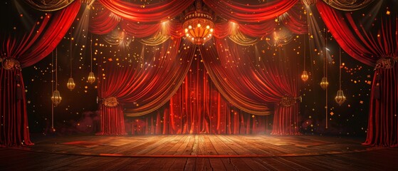 Wall Mural - an opulent theatre stage with red curtains, a crown, and golden lighting exudes luxury and grandeur.