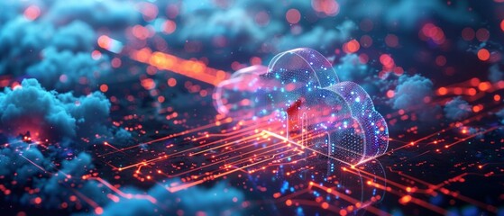 Wall Mural - abstract digital cloud computing environment shown with large clouds, red/blue lights, and digital c