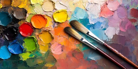 Leinwandbilder - Vibrant background image showcasing a palette filled with bright, different colors to inspire creativity and artistic expression. This background image captures the essence of diverse and lively