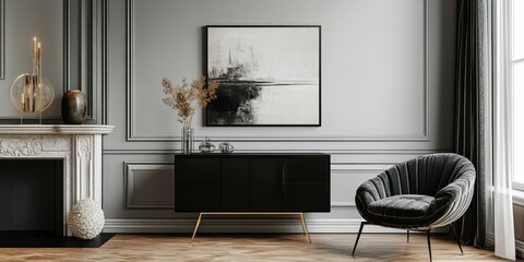 Aufkleber - Modern living room interior design featuring a black stylish commode, chair, and mock up art paintings. This interior design highlights elegant decorations and accessories, providing perfect template