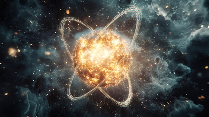 Poster - Exploding planet resembling an atom with orbiting trails, ideal for space exploration and scientific projects