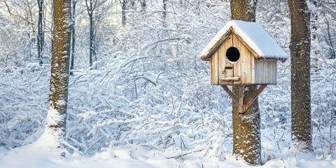 Aufkleber - Birdhouse nestled among trees blanketed in snow, creating a serene winter scene. This charming birdhouse adds character to the snow strewn trees, enhancing the beauty of nature in winter.