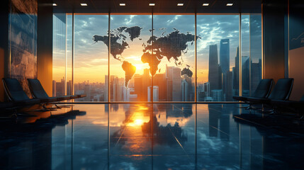 Poster - Modern office interior with a world map at sunset against a city skyline, representing global commerce and international alliances