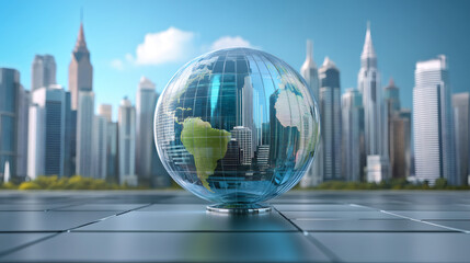 Aufkleber - City buildings superimposed on world map inside glass globe with urban skyline backdrop, representing global interconnectedness and business