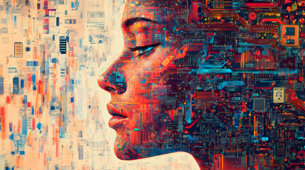 Aufkleber - Portrait of a woman blending with a printed circuit board, representing the fusion of humans and technology