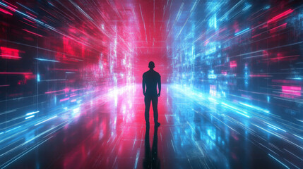 Fototapete - Exploring virtual reality and big data: software engineer silhouette entering cyberspace