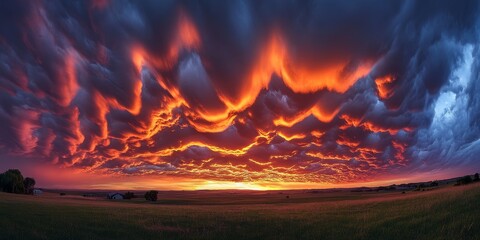 Poster - Dramatic sunset sky featuring stunning mammatus clouds creates a captivating backdrop. The dramatic sunset sky enhances the beauty of the mammatus clouds, making for an awe inspiring view.