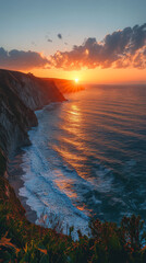 Wall Mural - stunning sunset over the pacific coast with cliffs and waves at golden hour near a serene beach