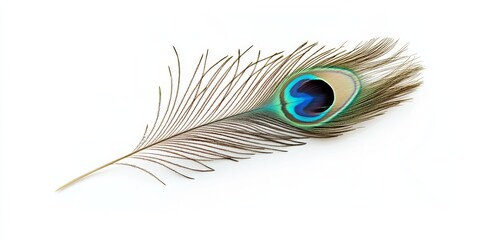 Leinwandbilder - Isolated peacock feather on a pristine white background, showcasing the intricate patterns and vibrant colors of the peacock feather, perfect for artistic and design projects featuring peacock feather