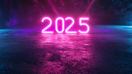 Fototapete - Pink neon sign displaying 2025 illuminates futuristic background with pink and blue lights and smoky atmosphere