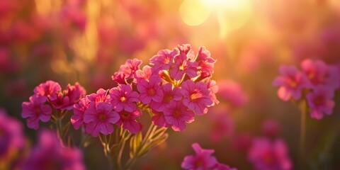 Aufkleber - Close up of blooming red verbena flowers illuminated by sunlight, showcasing vibrant pink vervain flowers in a garden during springtime. A stunning display of red wildflowers under sunset light.